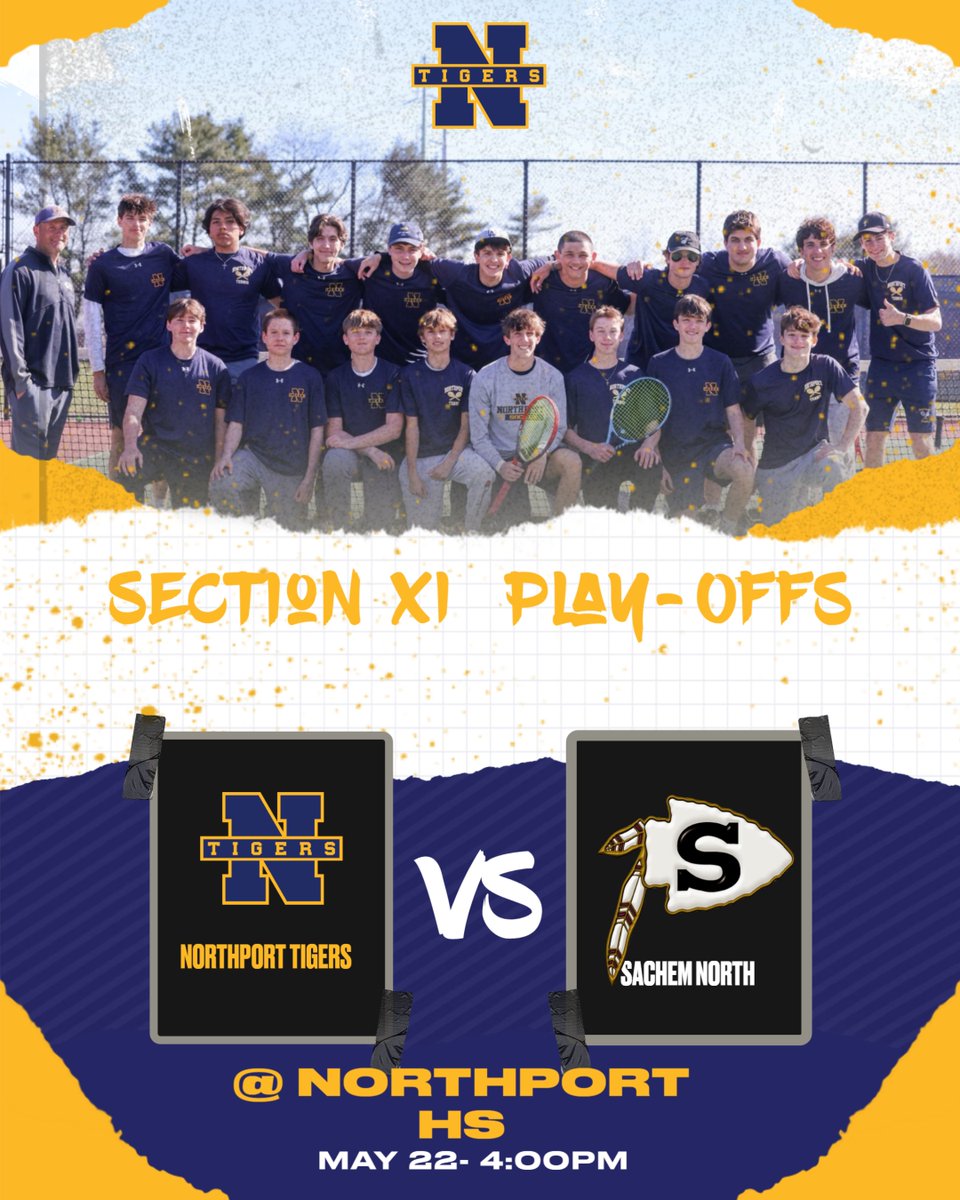 Northport Boys Varsity Tennis advances to the Section XI Tournament. The Tigers will host Sachem on Wednesday May 22, 4pm. Lets go Northport!