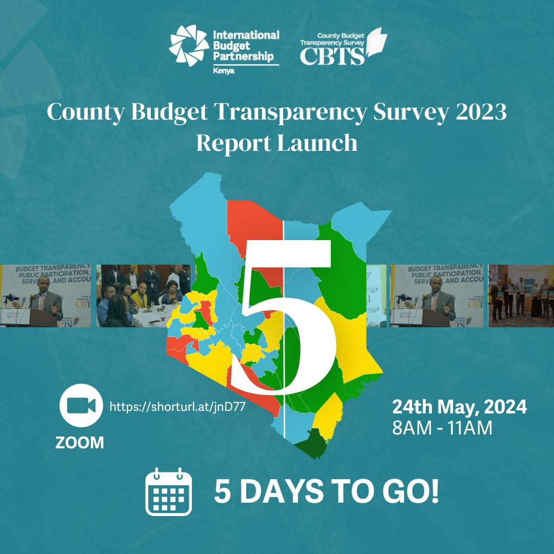 5⃣ Days to the launch of #CBTS2023 @IBPKenya will be launching #CBTS2023 on Friday 24, 2024. How is your county performing in terms of Budget Transparency? Register to join the launch virtually: shorturl.at/jnD77