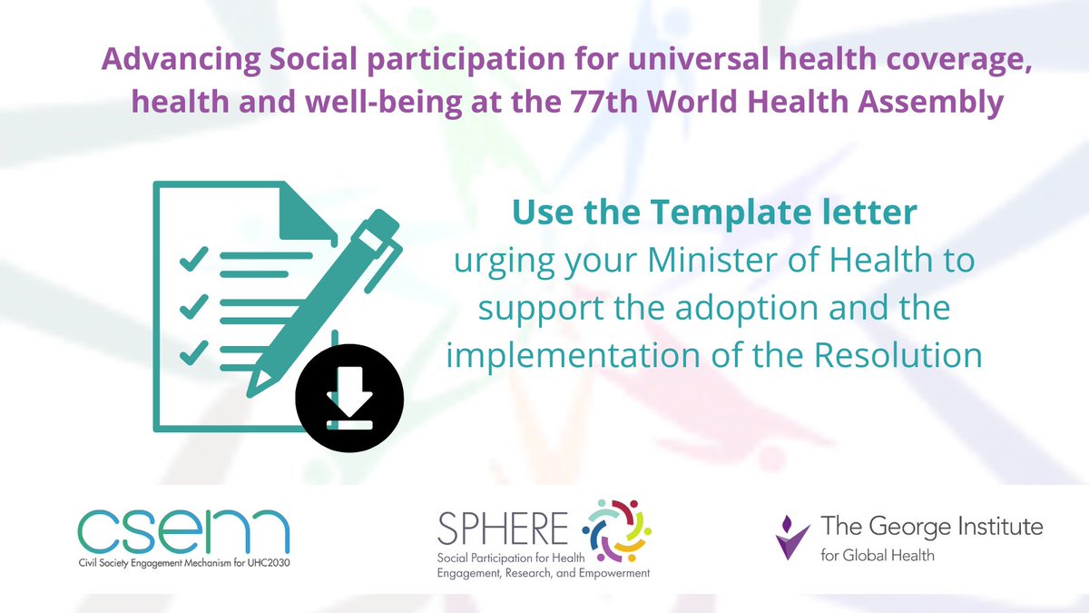 Last days to mobilize support for the adoption of the #WHA77 Resolution on social participation🙌

Use our template letter to urge Members States and Ministers of Health to co-sign and endorse the draft resolution➡️csemonline.net/social-partici…

#socialparticipation #HealthForAll