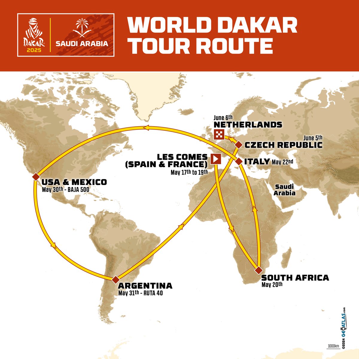 The Dakar meets back with its competitors and rally enthusiasts! 🥰 After the presentation of Dakar 2025 in Les Comes, it heads to the next destinations: South Africa, Italy, Mexico / USA, Argentina, Czech Republic, and the Netherlands. 🌏 #Dakar2025 #DakarInSaudi #DakarTour