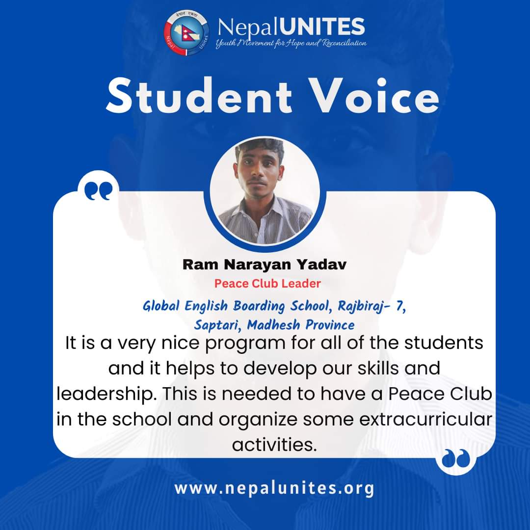 Voice from Ram Narayan Yadav, a student of Global English Boarding School, Rajbiraj-7, Saptari, Madhesh Province. 
#GlobalUnites #NepalUnites #Inspire #connect #equip #youth #PeaceClub #extracurrcularactivities #Students #Schoolrelationtourprogram #schoolrelation #NewGeneration