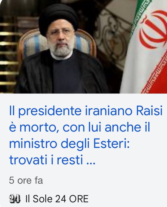 Morto #Raisi presidente iraniano.  Sembra esclusa l&rsquo;ipotesi attentato. https://t.co/upbgHmfZDS<a href="/tag/raisi"class="tags">#Raisi</a>