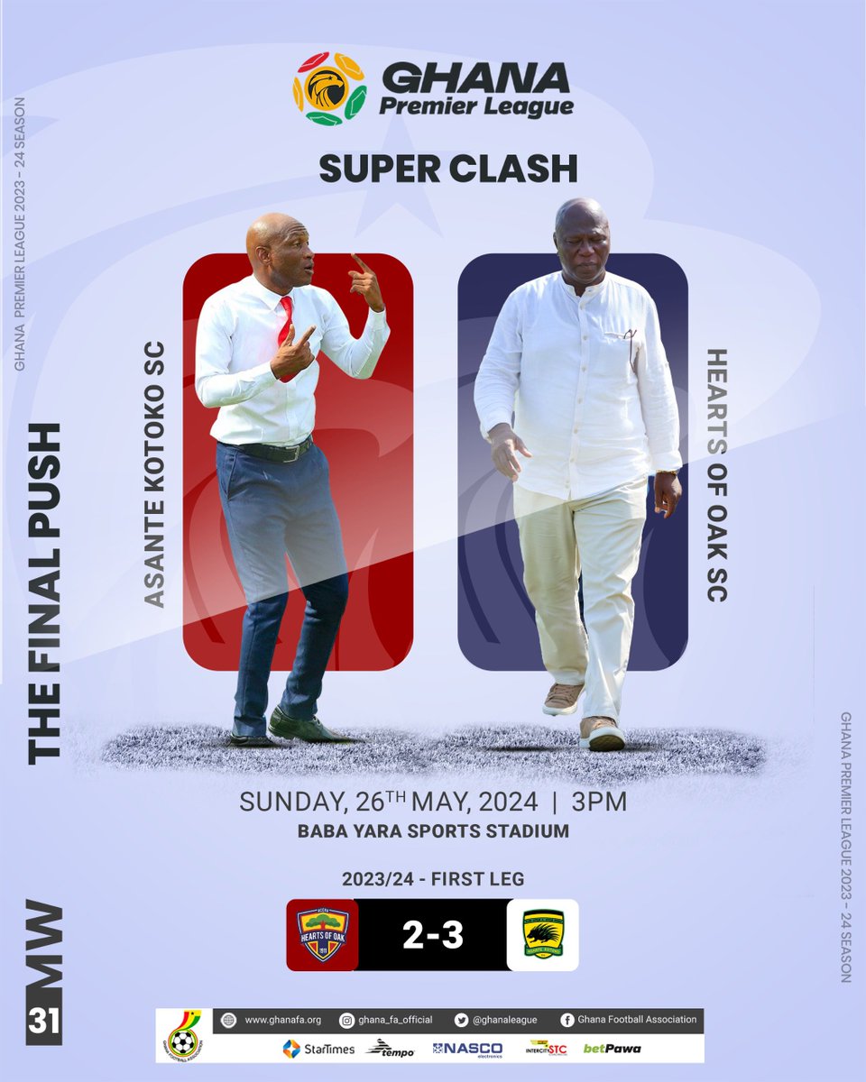 Asante Kotoko defeated Hearts of Oak in the first leg of the #SuperClash. The second leg fixture is set for Sunday, May 26, 2024, at the Baba Yara Sports Stadium.

Who will come out on top?

#GhanaPremierLeague | @AsanteKotoko_SC | @HeartsOfOakGH