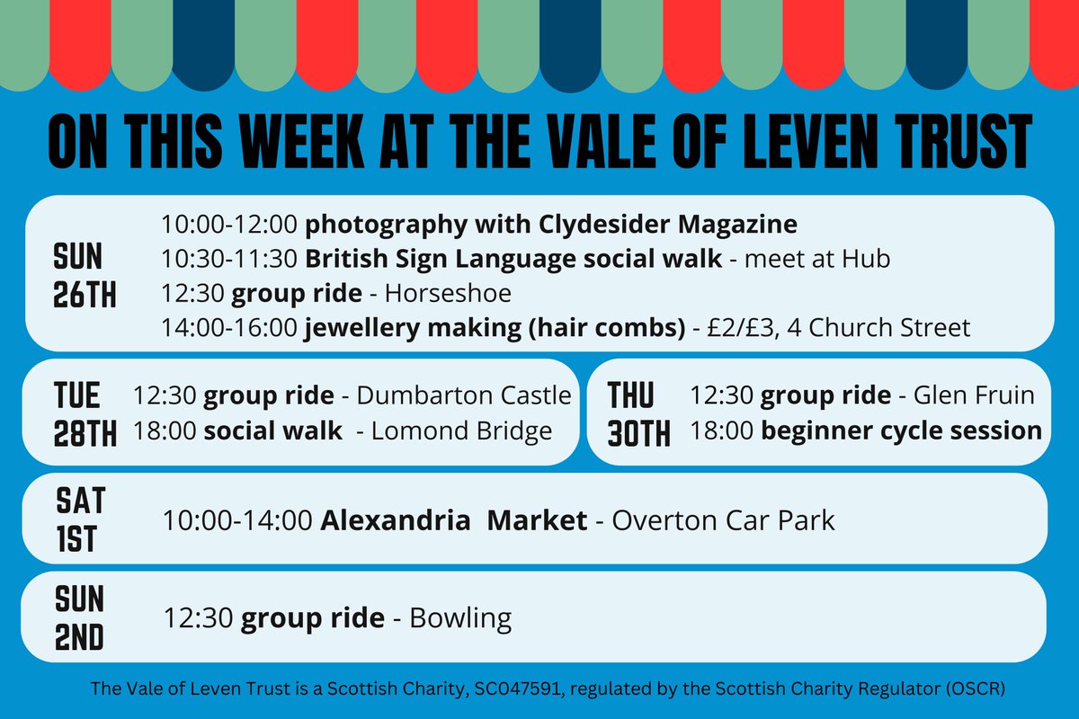 Here's what we've got coming up this week!
Pre-booking is required for all activities. To book, give us a call on 01389 752 629, email us at info@valeofleventrust.com, send us a DM  or pop in &amp; see us at our hub in Mitchell Way.
 #pathsforall #cyclingscotland #peopleshealthtrust