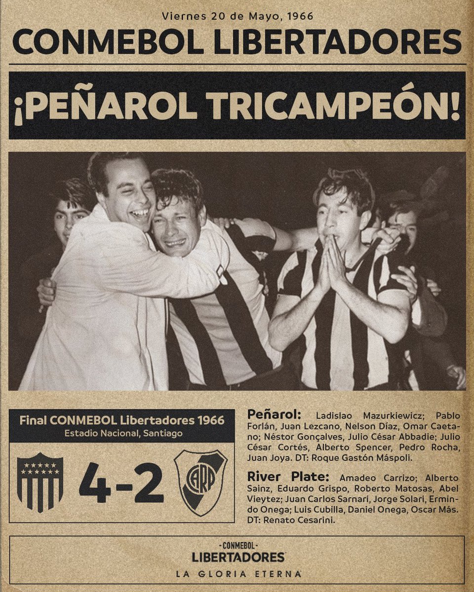 🟡⚫ ¡La #GloriaEterna, #Peñarol! 

🔙 Un día como hoy hace 58 años, <a href="/OficialCAP/">PEÑAROL</a> ganaba su tercera CONMEBOL #Libertadores al vencer a River en Santiago.