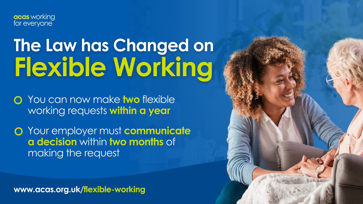 The law on #FlexibleWorking has been updated! ⚖️ The right to make a flexible working request is now a day one employment right - among other changes. Learn more about the changes on our free advice page: 👇 acas.org.uk/flexible-worki…