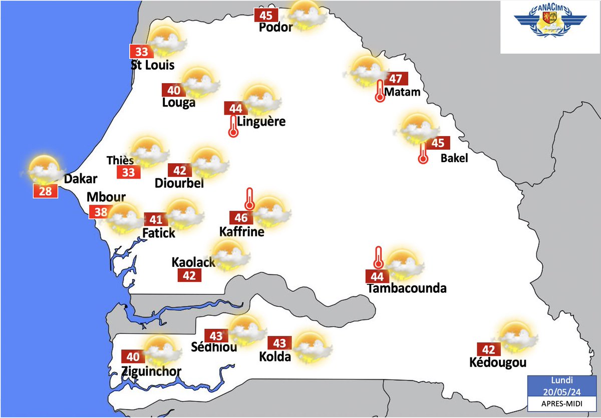 🇸🇳 Meteo du lundi 20/05/24

☀️ Le ciel sera largement ensoleillé durant la journée et dégagé au courant de la nuit sur le pays.
(1/3)