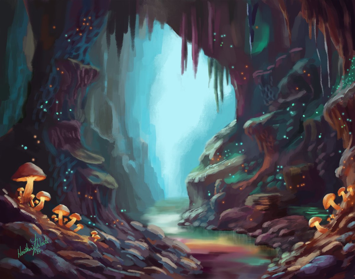 HeatherWaite8's tweet photo. The subterranean realm of the Underdark is a sprawling network of caverns and tunnels. The walls are covered with fungi that glimmer with bioluminescence. The scrape of burrowing creatures and the chitter of giant spiders echo in the labyrinthine cave. #maysketchaday Day 20 https://t.co/jI4yWVGuom