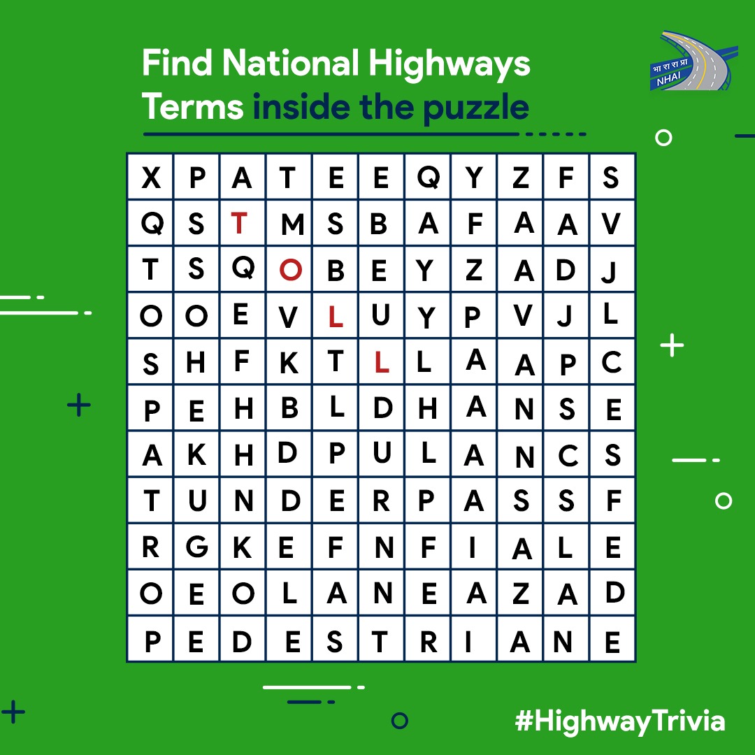 Here’s a quick puzzle on highway terms! Identify the 4 words hidden inside the puzzle and share them in the comments section below. Hint: One term is already marked. #NHAI #HighwayTrivia #BuildingANation
