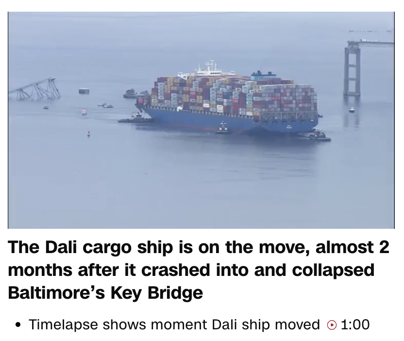 A span of 56 days from the Dali crashing into the Francis Scott Key Bridge, the one with 56 meters of clearance, the ship is on the move. #Gematria