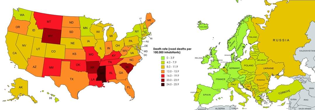 Road traffic death rate in the US vs Europe