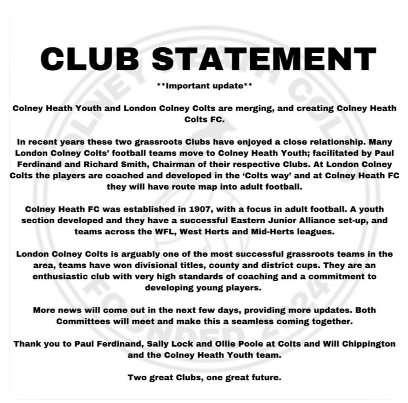 London Colney Colts (@colney_colts) on Twitter photo ππππ πππππππππ
London Colney Colts & Colney Heath Youth to merge and become Colney Heath Colts.
Two Great Clubs, One Great Future !
<a href="/Colney_Colts/">London Colney Colts</a>
<a href="/NPMetcalfe/">Neil Metcalfe</a>
<a href="/HertsAdSport/">Herts Ad Sport</a>
#WeAreColneyColts
#COYM
#ColtsFamily ππππ πππππππππ
London Colney Colts & Colney Heath Youth to merge and become Colney Heath Colts.
Two Great Clubs, One Great Future !
<a href="/Colney_Colts/">London Colney Colts</a>
<a href="/NPMetcalfe/">Neil Metcalfe</a>
<a href="/HertsAdSport/">Herts Ad Sport</a>
#WeAreColneyColts
#COYM
#ColtsFamily
