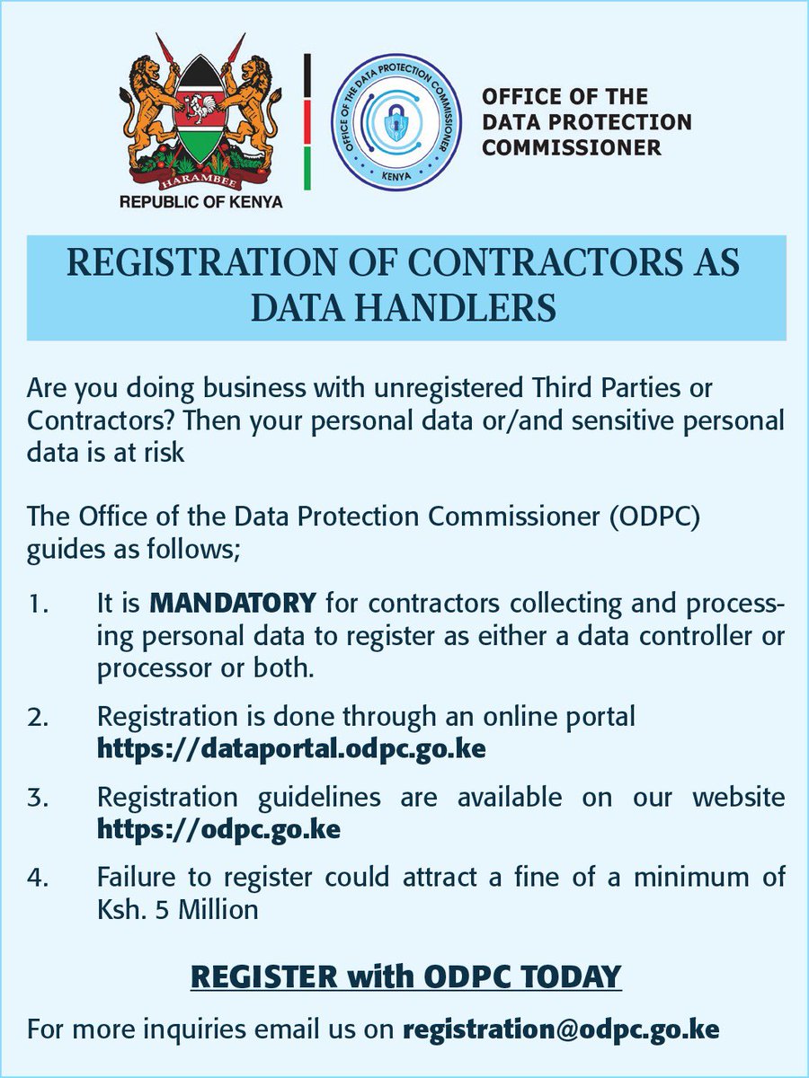 Are you trading with unregistered Third Parties or Contractors? Then your personal Data & sensitive personal data is at RISK! @ODPC_KE is here to sort you.