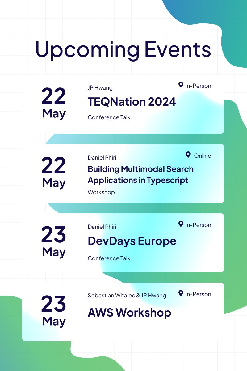 Join this week's Weaviate events! 🥳 22 May • TEQNation 2024: 'Give your apps superpowers with an AI-native database' by @_jphwang DOUCHELOKAAL: Wed 15:45 - 16:30 More info: conference.teqnation.com • Building Multimodal Search Applications in Typescript with @malgamves