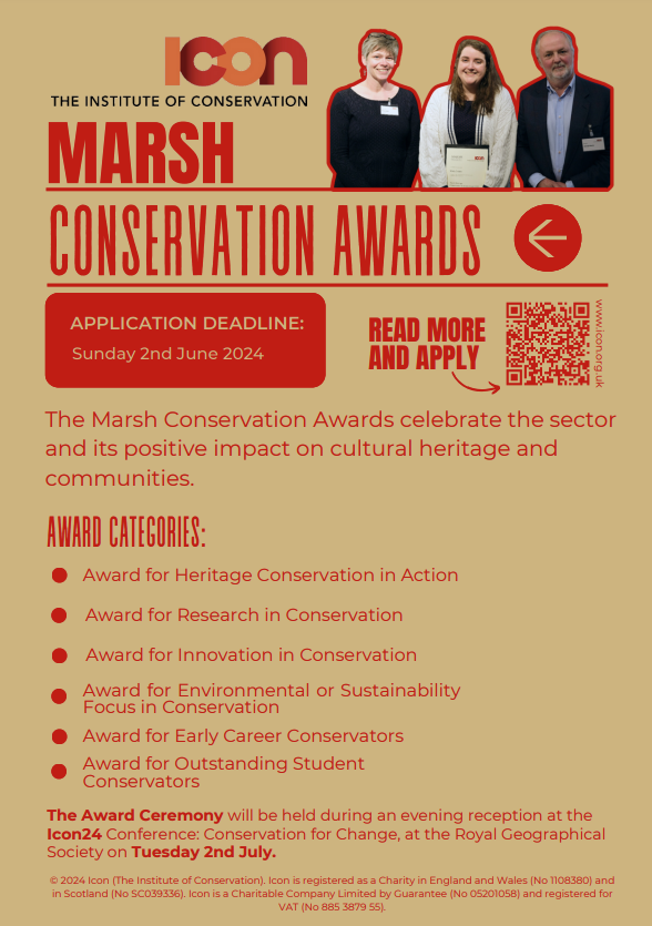 🏆Marsh Awards🏆
Just under 2 weeks to go until nominations close for our Awards in partnership with <a href="/Conservators_UK/">Icon - The Institute of Conservation</a> !

Follow the link to learn more information or to nominate for one of our SIX Conservation Awards: icon.org.uk/impact/the-mar…