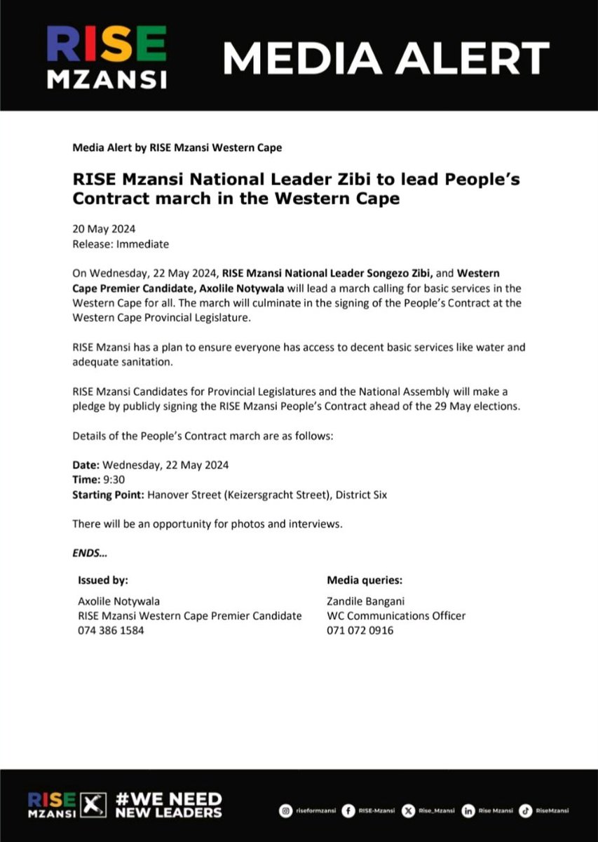 [MEDIA ALERT] On Wednesday, National Leader, @SongezoZibi and @AxolileNotywala, Western Cape Premier Candidate, will lead a march calling for basic services in the Western Cape - statement by the Premier Candidate, Axolile Notywala #AxolileForWCPremier #WeNeedNewLeaders