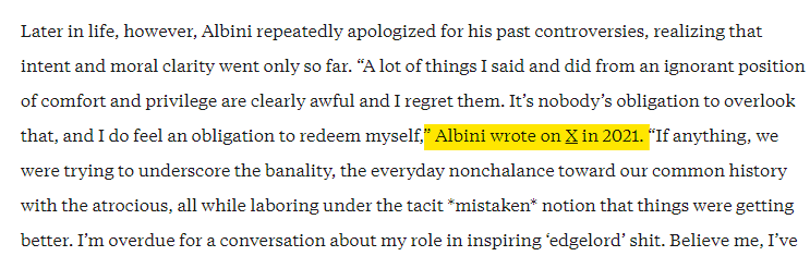 Just read Pitchfork's Steve Albini obituary and this is the first instance I've seen where X is referred to without clarifying they mean Twitter. Yet another reason to distrust Pitchfork.
pitchfork.com/news/steve-alb…