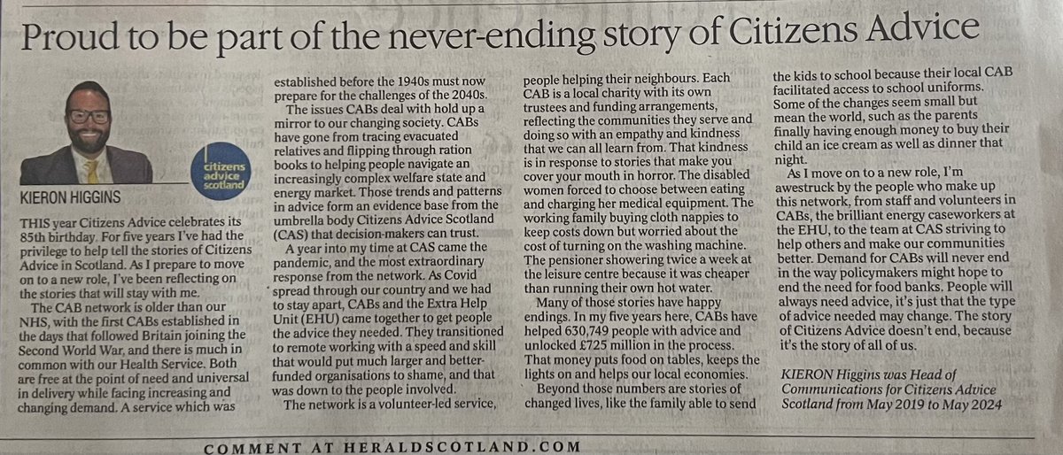 HigginsKieron's tweet photo. I finish up with @CitAdviceScot soon and have been reflecting on what a precious service the Citizens Advice network is.

It’s hard to put into words the difference it makes. 

I gave it a go in @heraldscotland and @ThirdForceNews 

https://t.co/ItpLS7S9Gp https://t.co/U3UL4ky3YG