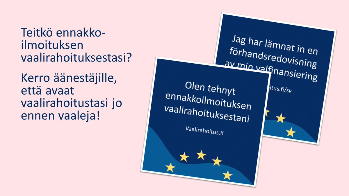 Ehdokas, oletko jo tehnyt ennakkoilmoituksen vaalirahoituksestasi?

Jos olet, kerro siitä myös äänestäjille! Lataa kuva verkkosivuillesi ja sosiaaliseen mediaan täältä: vaalirahoitusvalvonta.fi/fi/index/ajank…

#eurovaalit #vaalirahoitus