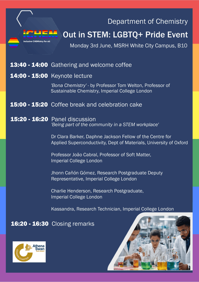 Imperial Chemistry (@impchemistry) on Twitter photo 🌈Get ready to be inspired! Join for the #Pride: Out in STEM event.
📅Mon 3rd June @ 1.30-4.30PM
📍B10 MSRH, White City
Hear from amazing speakers, connect with fellow #LGBTQ+ professionals in #STEM, and enjoy tasty refreshments.
Contact pride@imperial.ac.uk to attend! 🌈Get ready to be inspired! Join for the #Pride: Out in STEM event.
📅Mon 3rd June @ 1.30-4.30PM
📍B10 MSRH, White City
Hear from amazing speakers, connect with fellow #LGBTQ+ professionals in #STEM, and enjoy tasty refreshments.
Contact pride@imperial.ac.uk to attend!