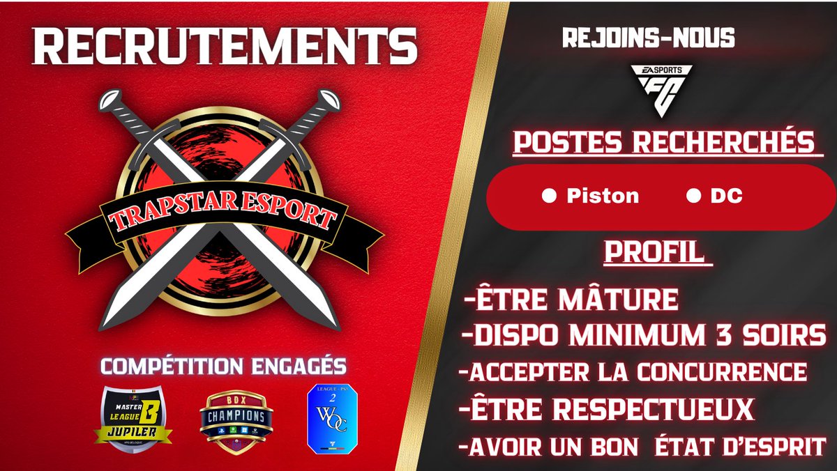 ⚔️Recrutement Trapstar Esport ⚔️

Bonjours, La Trapstar recrute afin de finaliser son effectif et préparer les Summer en AVPA, Santa Liga 🇫🇷, Woc et BDX qui arrivent. ⚔️ 
Nous sommes en fin de saison de VPG 🇧🇪, Woc et BDX ⚽️

Compo en 3-5-2 📈
Session du Dimanche au Jeudi ⚡️