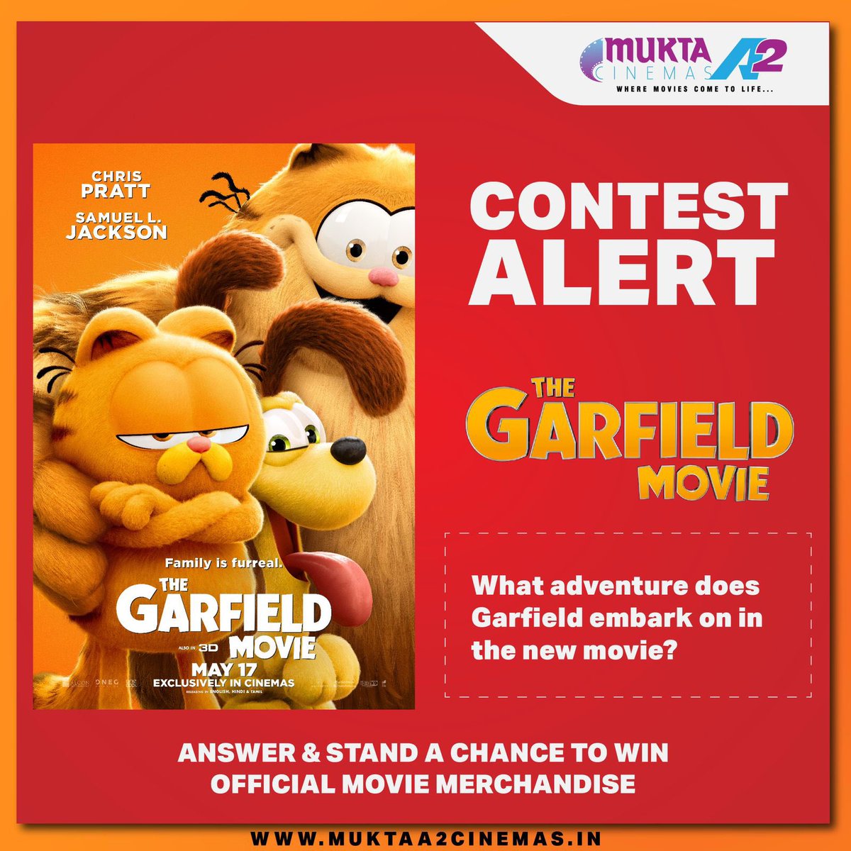 Get ready for a purr-fect adventure! Join our Garfield movie contest and win exclusive movie merchandise. Catch Garfield on the big screen at MuktaA2 Cinemas NOW 

1-Answer the question in the comment section. 
2-Tag 5 friends to participate. 
3- Follow @muktaa2cinemas