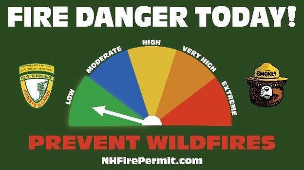 The predicted fire danger for 5/20/24 is LOW in FDRAs 1-6 (STATEWIDE). When burning is permitted, visit NHFirepermit.com to get a fire permit.