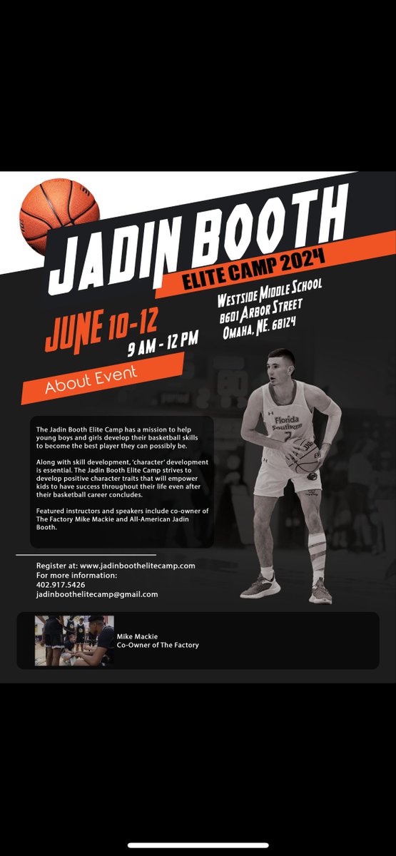 Camp is 3 weeks away! It is not too late to sign up, June 10th-12th at Westside Middle School. We will have guest speakers; Mike Mackie from the Factory, Max Polk Central Grad and Florida tech Guard and of course Jadin Booth. #A2B jadinboothelitecamp.com/registration