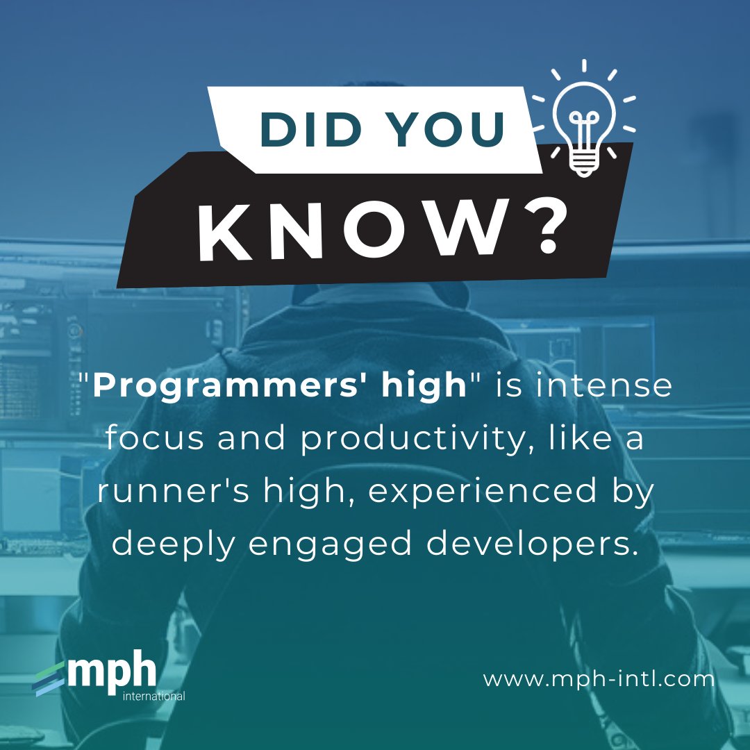 MphIntl's tweet image. DID YOU KNOW?! 🤔
Some developers experience a phenomenon called ""programmers' high,"" where they become deeply engrossed in coding and experience a state of intense focus and productivity similar to a runner's high or flow state.💻✨
#ProgrammersHigh #FlowState #CodingFlow