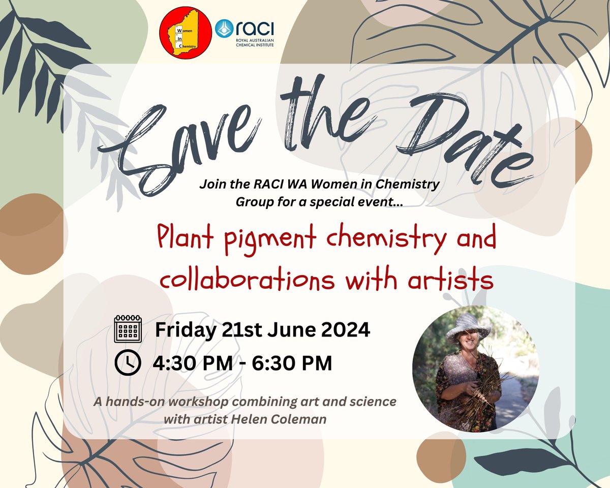Women in Chemistry Group (RACI_WA) (@winc_raci_wa) on Twitter photo We are excited to announce that preparations for our next event are underway. Save the date!
🗓️ Friday 21 June 2024
⏰ 4:30pm-6:30pm
We are lucky to have artist, Helen Coleman, run a hands-on workshop combining art and science.
Places are limited! Stay tuned for more details! We are excited to announce that preparations for our next event are underway. Save the date!
🗓️ Friday 21 June 2024
⏰ 4:30pm-6:30pm
We are lucky to have artist, Helen Coleman, run a hands-on workshop combining art and science.
Places are limited! Stay tuned for more details!