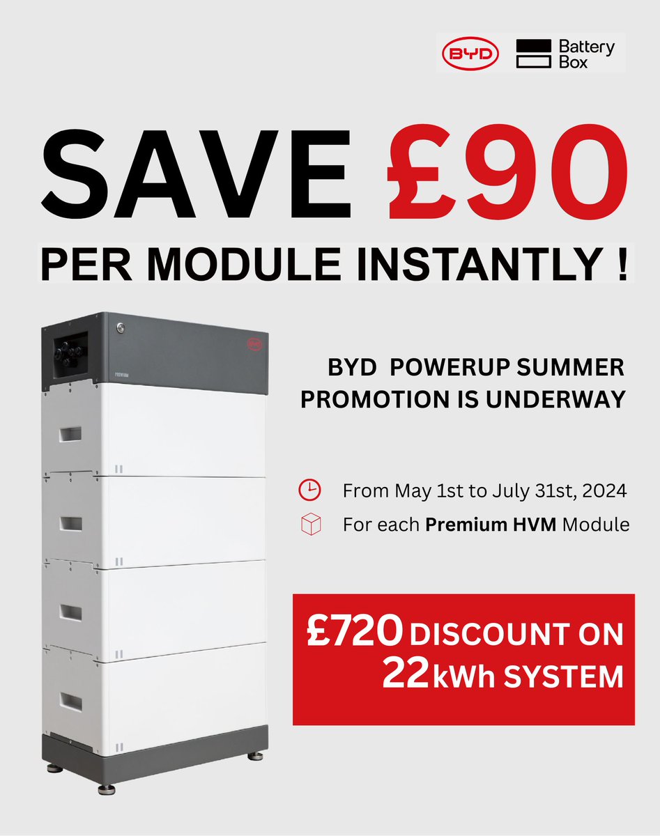 BIG NEWS! Get a <a href="/BYD_BatteryBox/">BYD BatteryBox</a>  powerup. available until the 31st July, 2024. As part of this special offer, you will receive a £90 discount on each BYD Battery-Box Premium HVM module purchased from Wind &amp; Sun.
windandsun.co.uk/collections/byd
