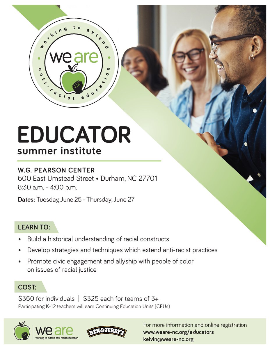 There’s still time to register for the 2024 Educator Summer Institute taking place June 25-27 at the W.G. Pearson Center in Durham!  Get more info and register here - weare-nc.org/educators.  Contact me at kelvin@weare-nc.org with any questions.  See you there!