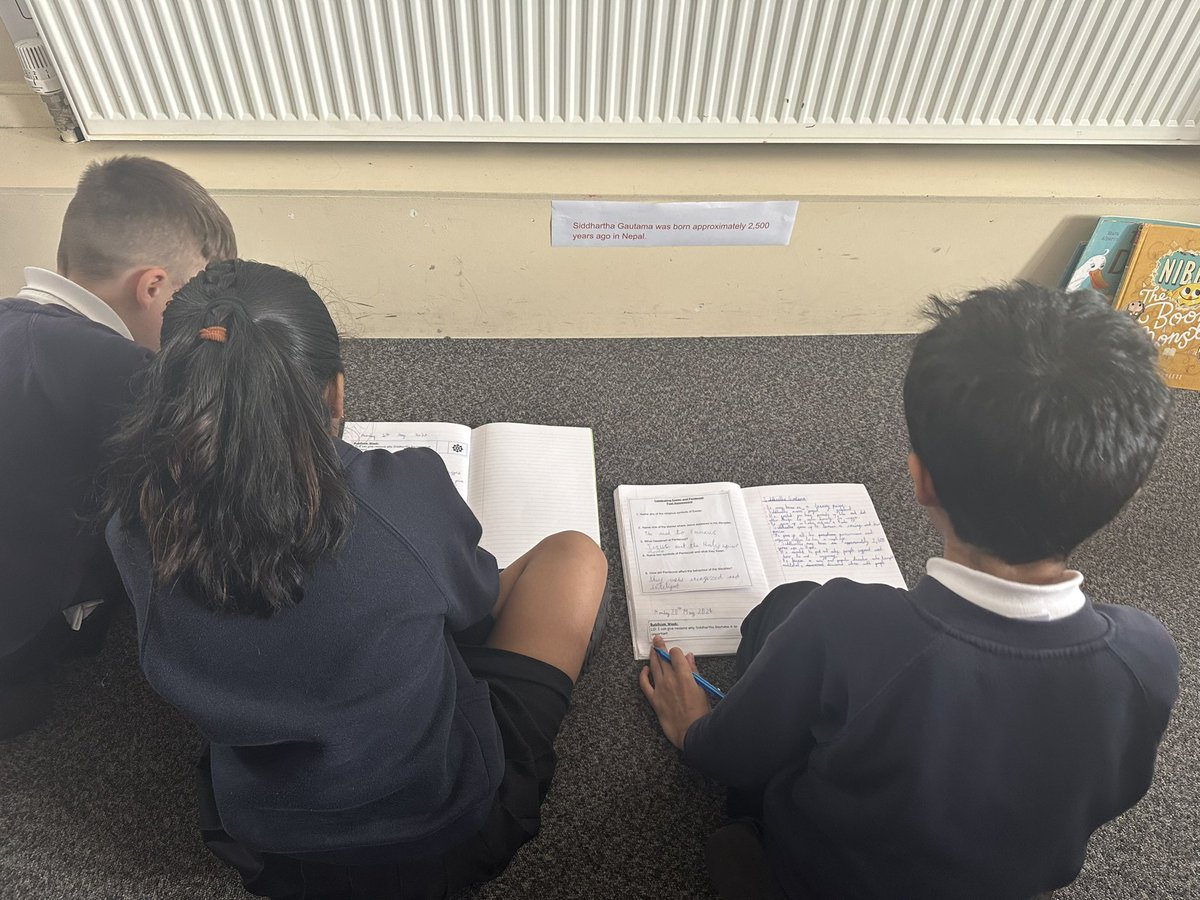 MissAustick's tweet photo. Year 3 are on a fact hunt around the classroom in order to find the answer to the question ‘Why is Siddhartha Gautama so important?’ #BuddhismWeek #schooloffaith @stanneskly https://t.co/0SatX7Vr6S