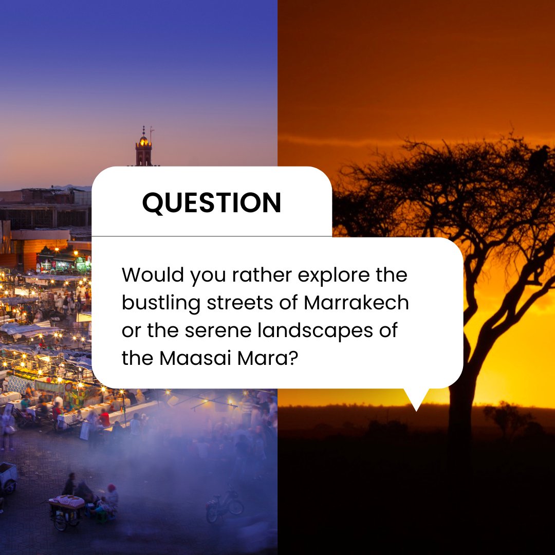 Question Time!

Where would your wanderlust take you: weaving through the vibrant chaos of Marrakech or basking in the tranquil beauty of the Maasai Mara?

#RoveSA #TravelDebate #ExploreTheWorld #IntoAfrica #SouthAfrica #Travel #Experience #Explore #Discover #wanderlust