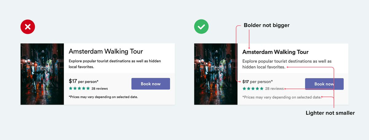 midudev's tweet image. 7 Trucos de Diseño Web para programadores ↓

1. Usa color y grosor en lugar de tamaño para crear jerarquía

Evita que tu diseño se convierta en una mezcla de fuentes de diferentes tamaños constantemente. Úsalo con cuidado y juega con otras propiedades para presentar mejor la…