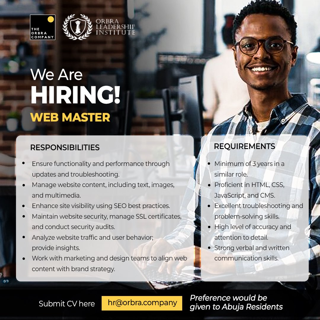 orbraleadership's tweet photo. We are Hiring!!! Are you a Web Master and you fit the requirements as stated? Submit your CV to our email hr@orbra.company.
#theorbracompany #orbrainstitute #hiring #jobvacany #webmaster #tech #jobsearch #recruitment https://t.co/RxXxD1Bwnp