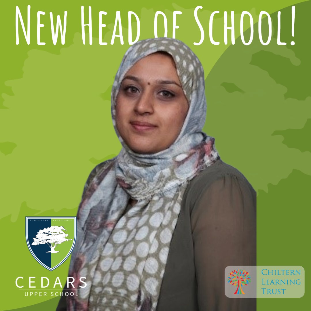 We are thrilled to announce the new appointment of Umara Qureshi as Head of School. Umara will be joining us in September and we can't wait to welcome her into our Cedars Community. @chilternlt @ChilternA @linsladeschool @LoveLeightonB @LoveLeightonBuz