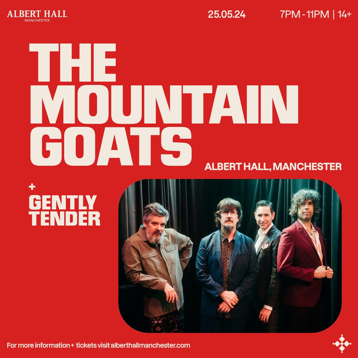 Albert Hall (@alberthallmcr) on Twitter photo TONIGHT:
Doors 7pm
<a href="/Gently_Tender/">Gently Tender</a> 7:30pm
The <a href="/mountain_goats/">The Mountain Goats</a> 8:45pm
Curfew 11pm
Last chance for tickets: tinyurl.com/5svzhnyb
+ on the door
Enjoy the show! TONIGHT:
Doors 7pm
<a href="/Gently_Tender/">Gently Tender</a> 7:30pm
The <a href="/mountain_goats/">The Mountain Goats</a> 8:45pm
Curfew 11pm
Last chance for tickets: tinyurl.com/5svzhnyb
+ on the door
Enjoy the show!