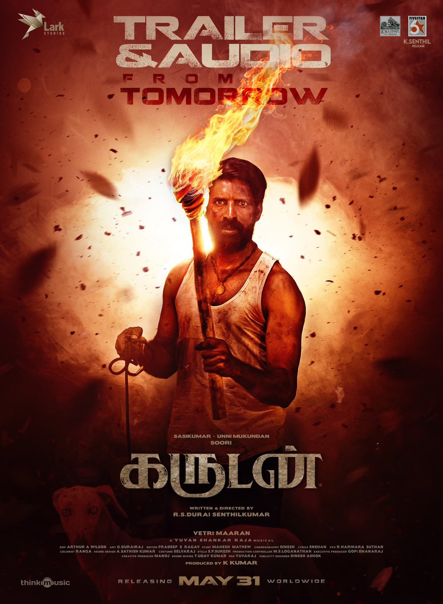 Garudan Trailer and audio tomorrow.#Garudan 🦅 Starring: @sooriofficial @SasikumarDir @Iamunnimukundan Written and Directed by @Dir_dsk An @thisisysr musical #VetriMaaran