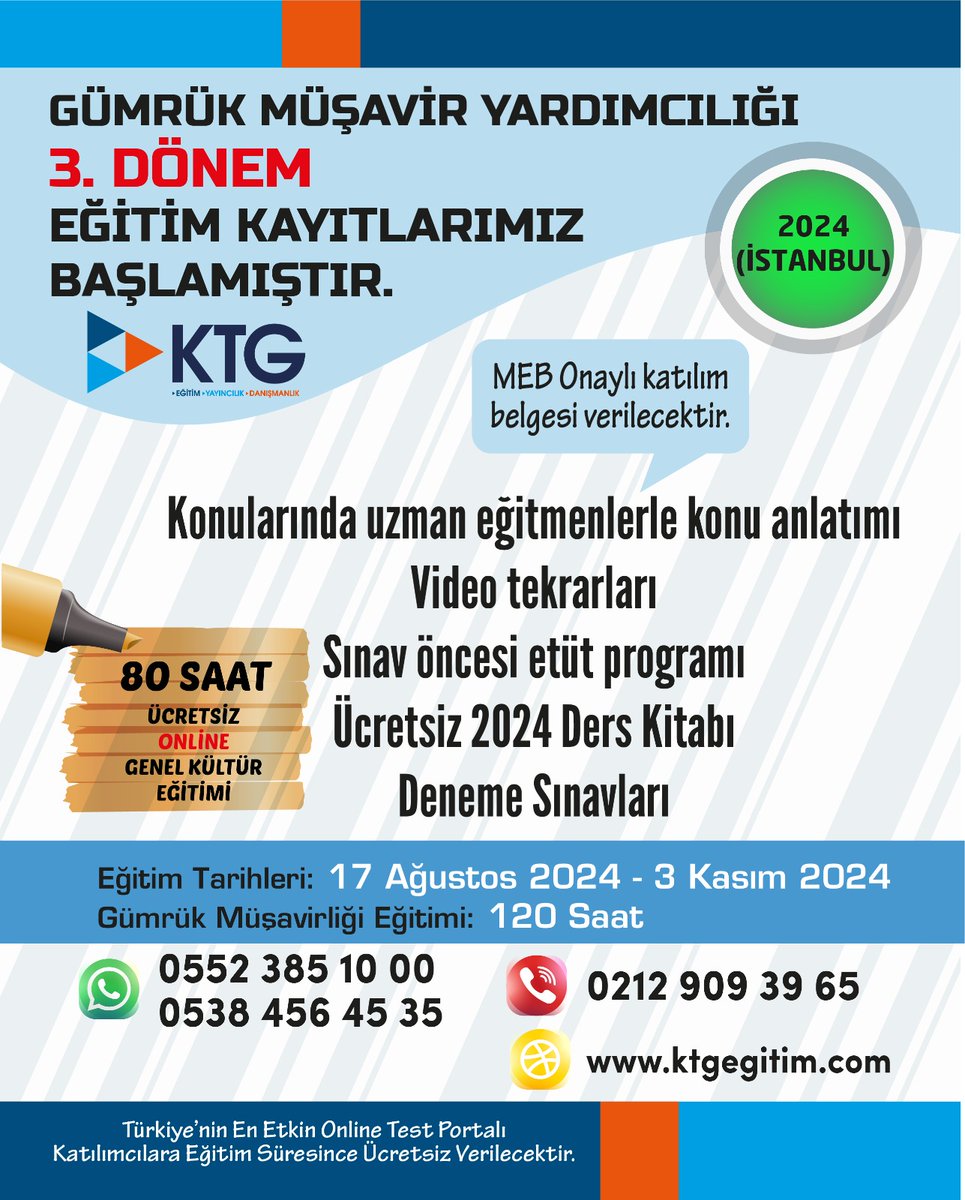 ✅ 2024 Yılı 3. Yüz Yüze Gümrük Müşavir Yardımcılığı Sınavı Hazırlık Eğitimi kayıtlarımız başlamıştır. Eğitimimiz 17 Ağustos'ta başlıyor !📌
🎯☎ ktgegitim.com/egitimlerimiz/…
☎ 05384564535 Can YILMAZ #gümrük #gumruk #ithalat #ihracat #customs #export #import #disticaret #dışticaret