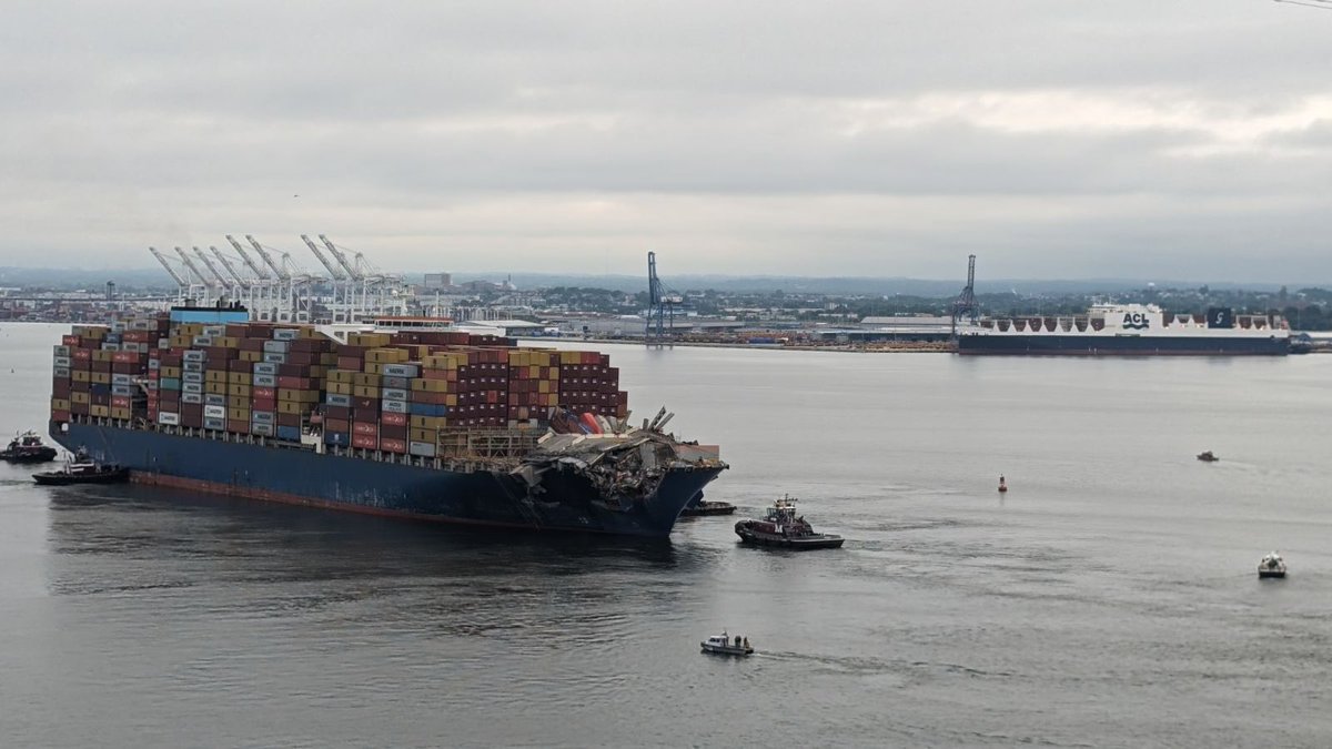 The Dali has been refloated and is no longer at the Francis Scott Key Bridge site!

Five tugboats are transiting the vessel to a local marina.

There the remainder of the steel and concrete on the bow will be removed and all containers offloaded.
