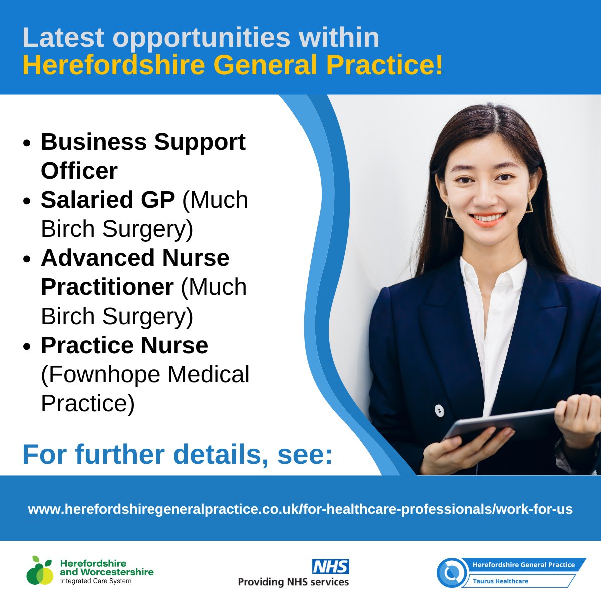 Check out the latest vacancies within Herefordshire General Practice. For further details and to apply via NHS jobs, please visit our webpage: herefordshiregeneralpractice.co.uk/for-healthcare…
