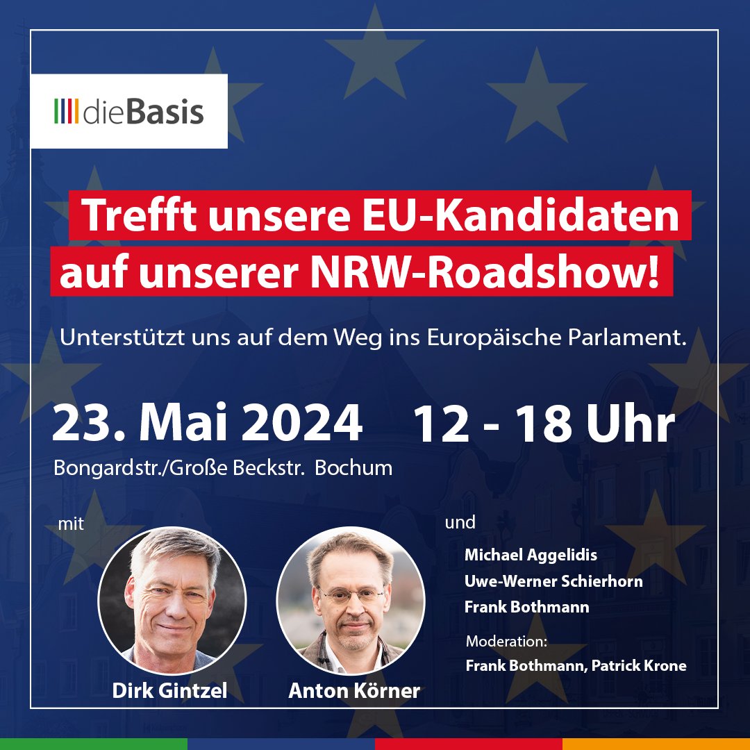 NRW-Roadshow Nächster Halt: Bochum Trefft unsere Kandidaten Dirk Gintzel und Anton Körner am 23. Mai ab 12 Uhr in Bochum. diebasis für Grundrechte und Frieden in Europa! Sei dabei! ❗️Europawahl am 09. Juni 2024❗️ dieBasis: Nr. 26 auf dem Stimmzettel! 😉 🟩🟩🟦🟦🟥🟥🟧🟧 Unser