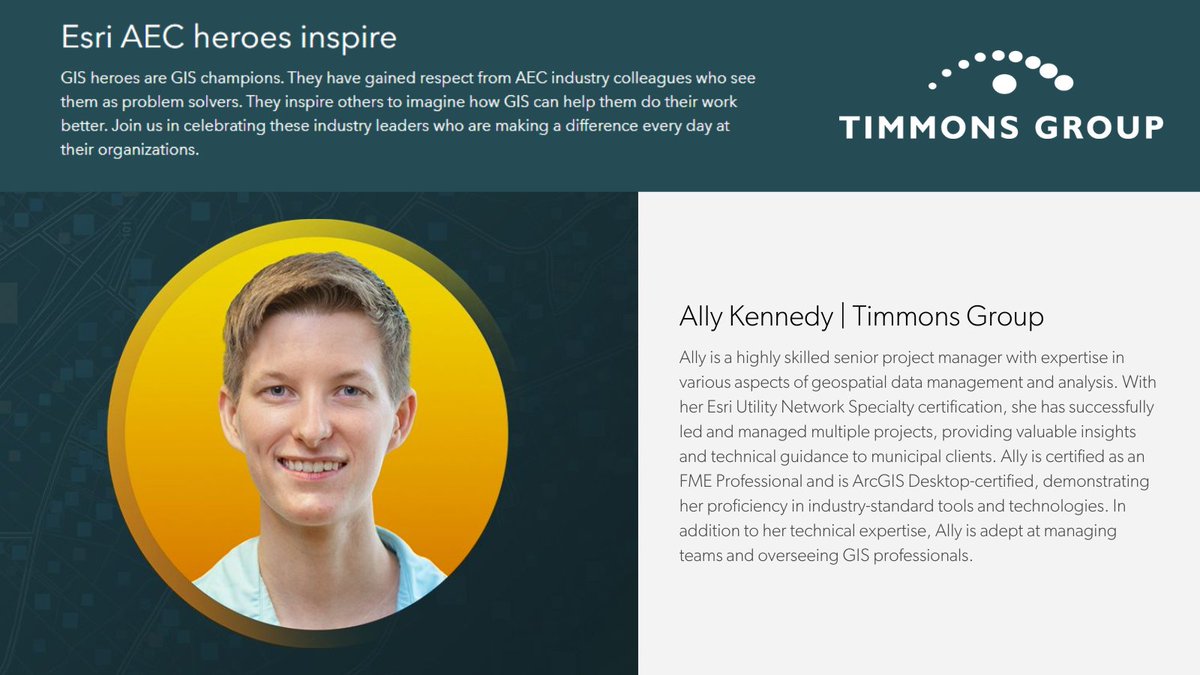 timmonsgroup's tweet image. Congratulations to Ally Kennedy, Principal on our Geospatial Utilities team, for being named a 2024 Esri GIS Hero! With expertise in leading #UtilityNetwork projects and managing GIS teams, she excels in enhancing our services through innovative solutions.

@Esri @EsriPartners