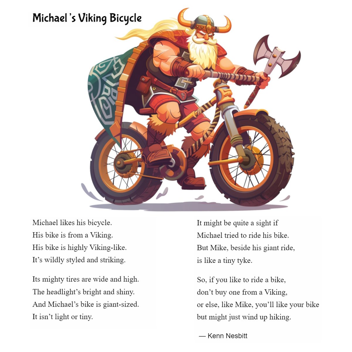 New funny tongue-twister poem for kids: 'Michael's Viking Bicycle' poetry4kids.com/poems/michaels… #tonguetwister #vikingpoem #bicyclepoem #childrenspoetry #poetry4kids