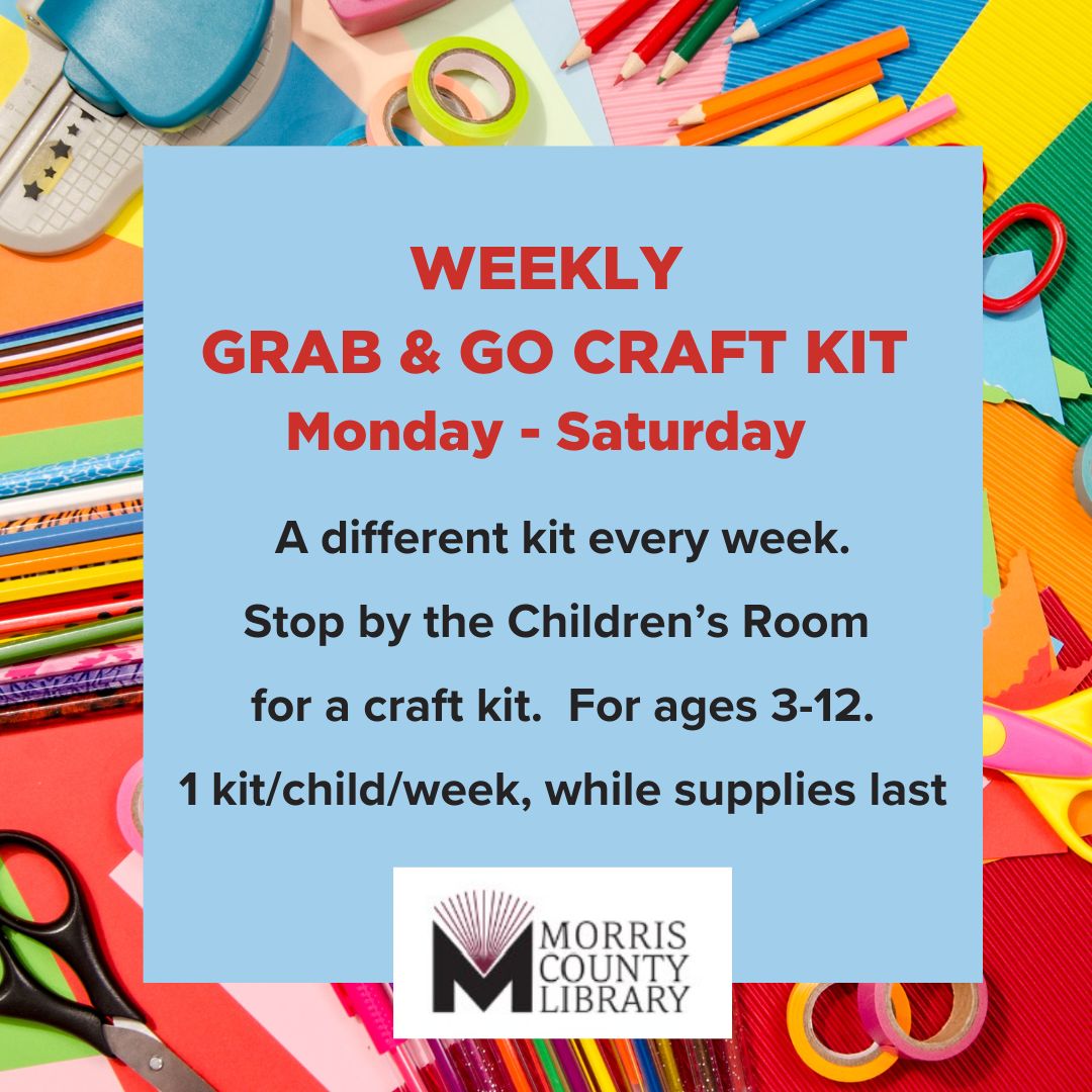 Another week, another Grab & Go Craft Kit for kids ages 3-12! What will this week's kit be? Stop by the Children's Room for one kit/child/week, while supplies last.
.
.
 #CraftKitForKids #ChildrensCrafts #KidsActivities #MCL #MorrisCountyLibrary #MorrisCounty #MorrisCountyNJ