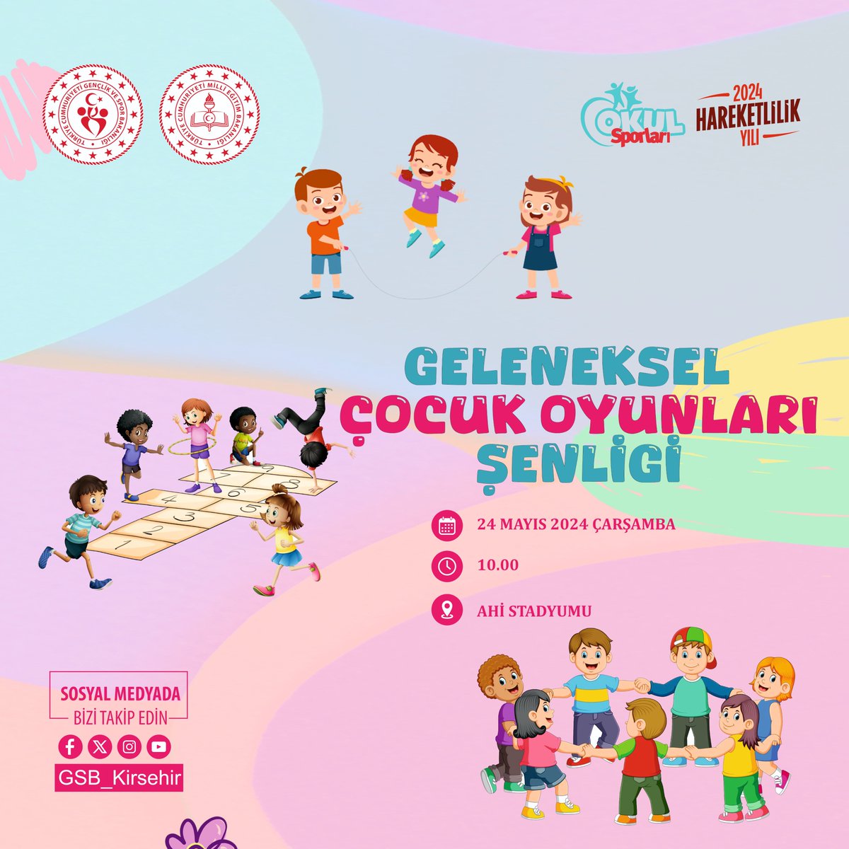 📍 Geleneksel Çocuk Oyunları Şenliği 22 Mayıs 2024 tarihinde ilimizdeki öğrencilerimize yönelik unutulmaya yüz tutmuş çocuk oyunlarını yeniden hatırlatmak amacıyla saat 10.00’da Ahi Stadyumun’da Geleneksel Çocuk Oyunları Şenliği düzenlenecektir. @OA_BAK @gencliksporbak