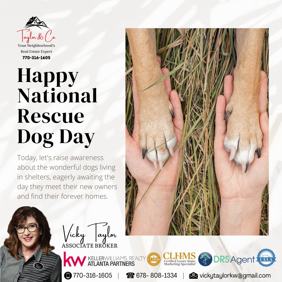 Happy National Rescue Dog Day!🐾
This day brings awareness to the countless number of amazing dogs in shelters around the country who deserve a second chance at a forever home. ❤️ 
#TaylorAndCoRealty #KellerWilliamsNEATL #AdoptDontShop #RescueDogLove #ForeverHome