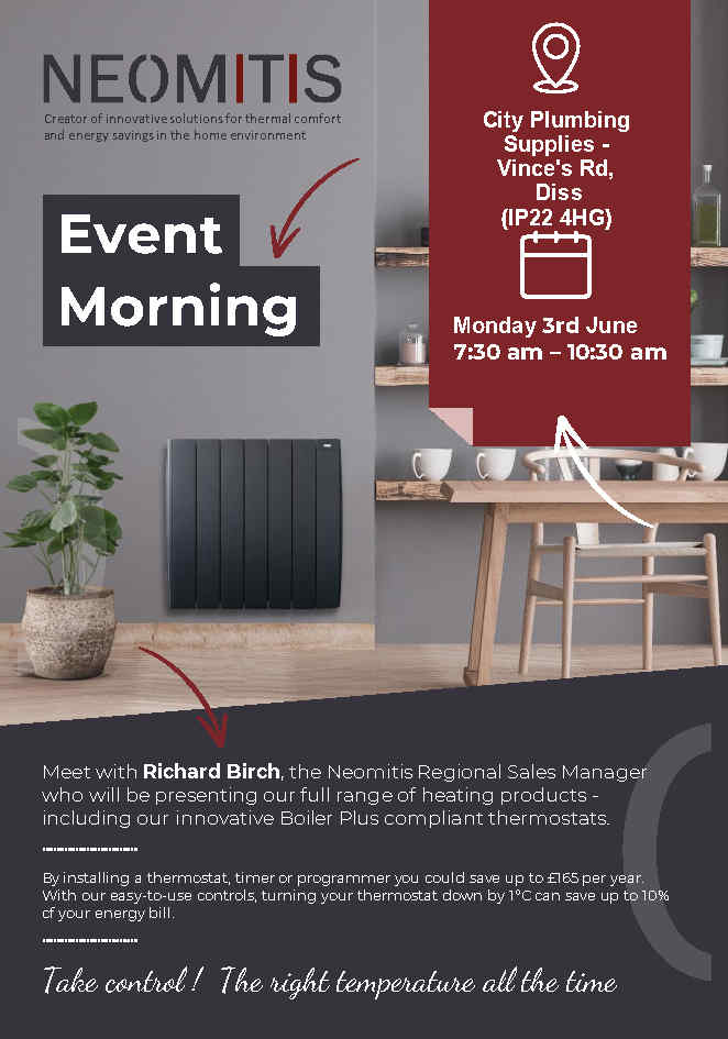 neomitis's tweet photo. Our RSM Richard Birch will be showcasing the #Neomitis product range at @CityPlumbingUK Diss (IP22 4HG) on Monday 3rd June, 7:30 am – 10:30 am📍
Visit to see how easy our products are to use and install!
#Controlofchoice #Thermostat #Radiators #TowelWarmers https://t.co/QQ0baK4rXd