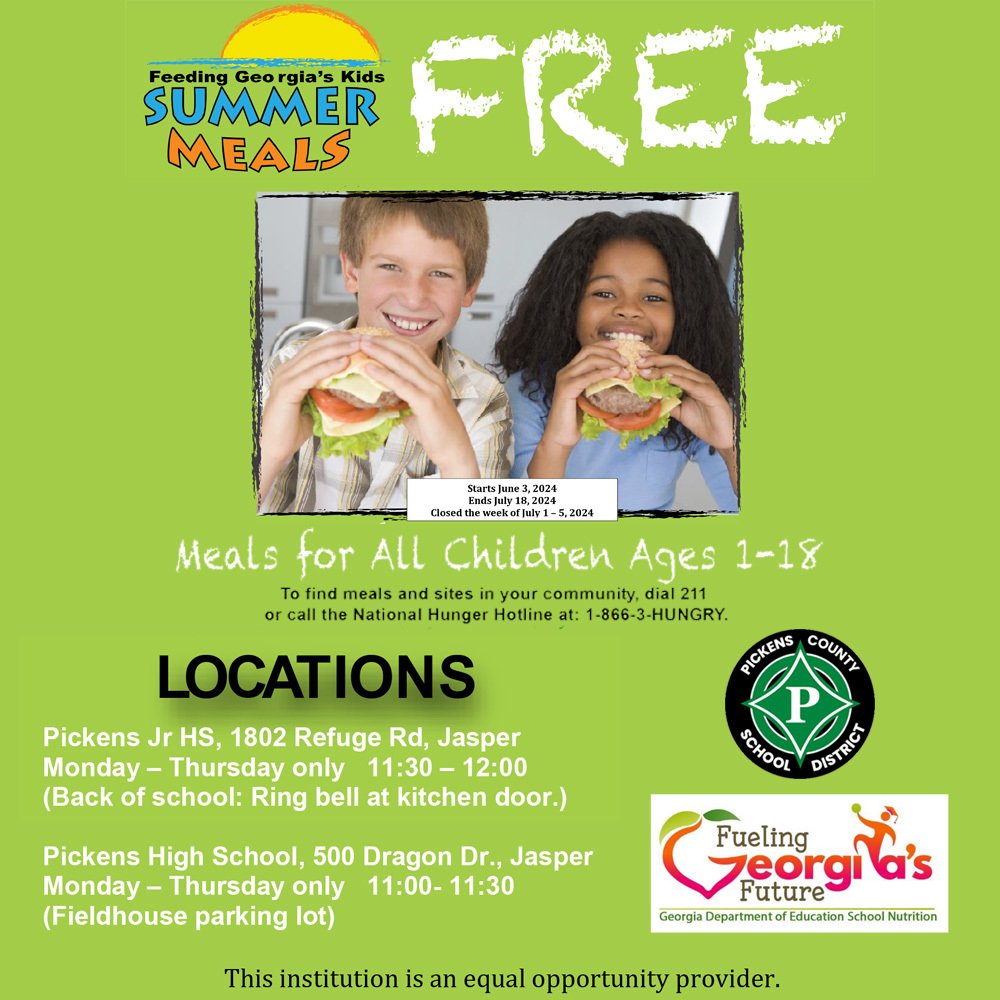 Lunch meals will be offered free to children 18 and under this summer through PCSD's Nutrition Department via PJHS at the kitchen door entrance from 11:30 to 12:00 or PHS Fieldhouse in the parking lot from 11:00 to 11:30. Please see our website for more details.